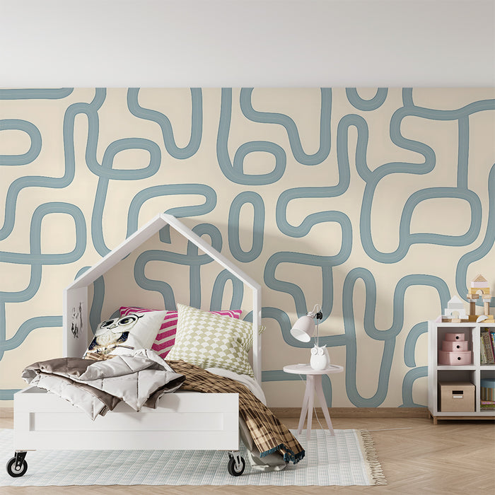 Carta da parati bambini | Motivo labirinto blu e beige