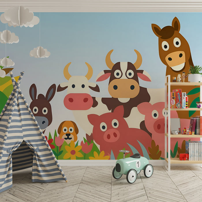 Papier peint chambre enfant | Animaux de la ferme très joyeux