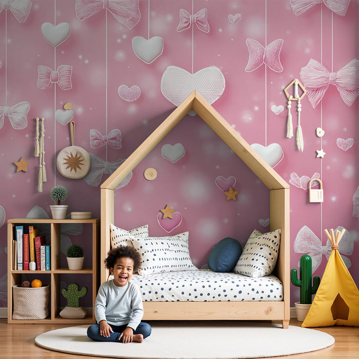 Papier peint coeurs et nœuds | Douceur rose et blanche