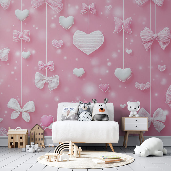 Papier peint coeurs et nœuds | Douceur rose et blanche