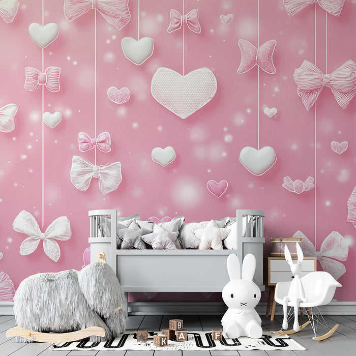 Papier peint coeurs et nœuds | Douceur rose et blanche