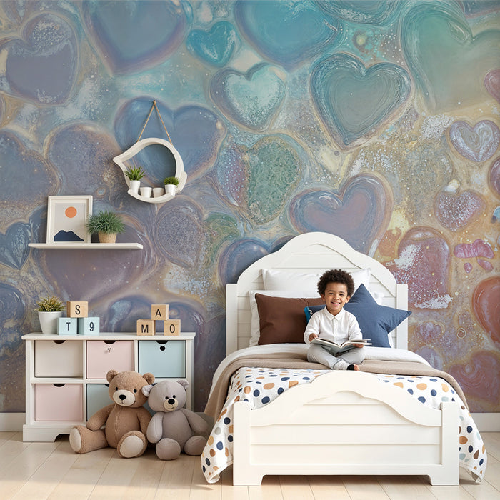 Lastenhuoneen tapetti | Vaaleanpunaiset sydämet ja kimaltelevat sirpaleet