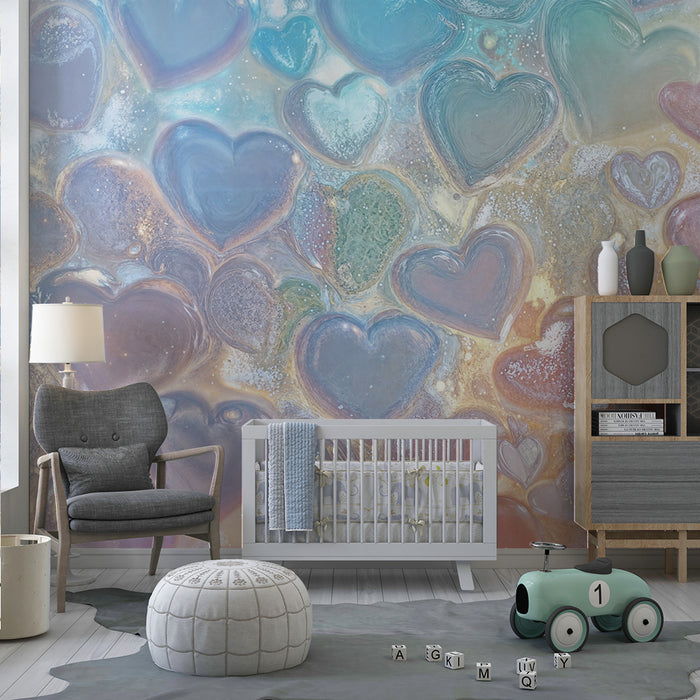 Lastenhuoneen tapetti | Vaaleanpunaiset sydämet ja kimaltelevat sirpaleet