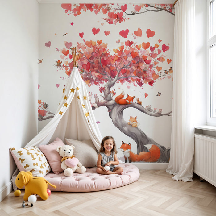 Papier peint renards et arbre amoureux | Motif poétique et fantaisie