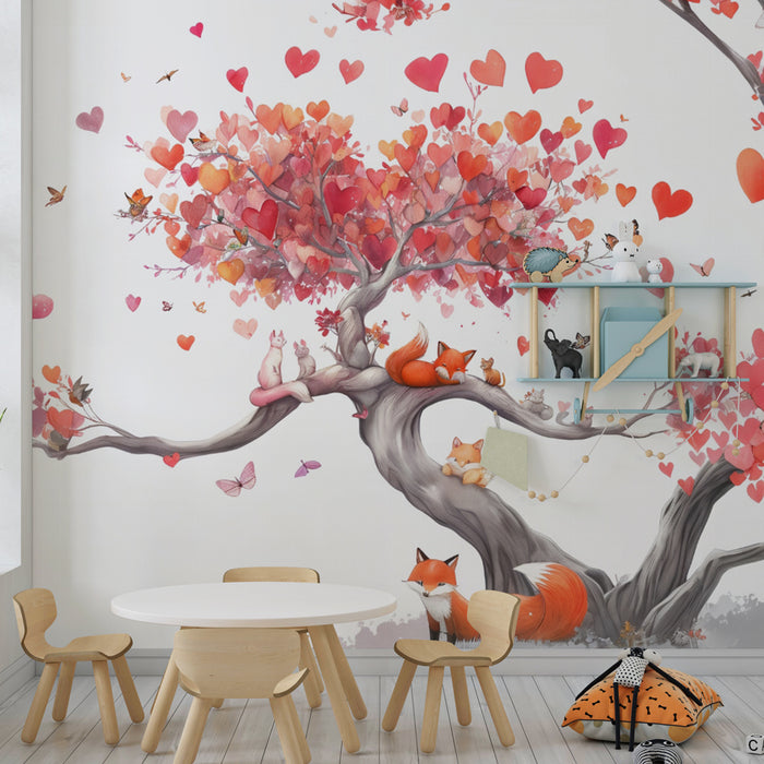 Papier peint renards et arbre amoureux | Motif poétique et fantaisie