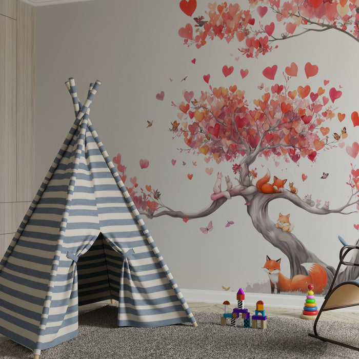 Papier peint renards et arbre amoureux | Motif poétique et fantaisie