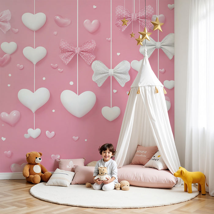 Romantisk tapet | Hjerter og sløjfer på lyserød baggrund