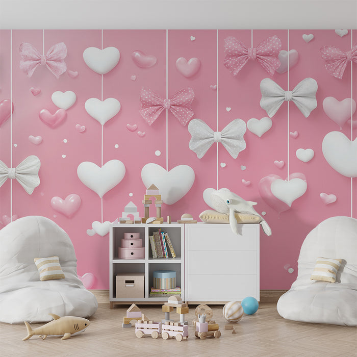 Romantisk tapet | Hjerter og sløjfer på lyserød baggrund