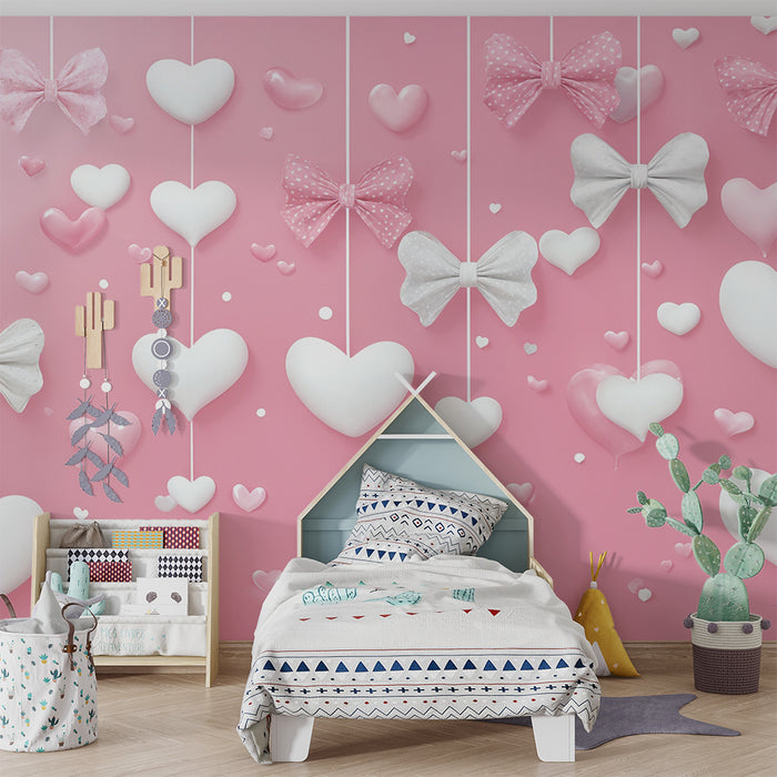 Romantisk tapet | Hjerter og sløjfer på lyserød baggrund