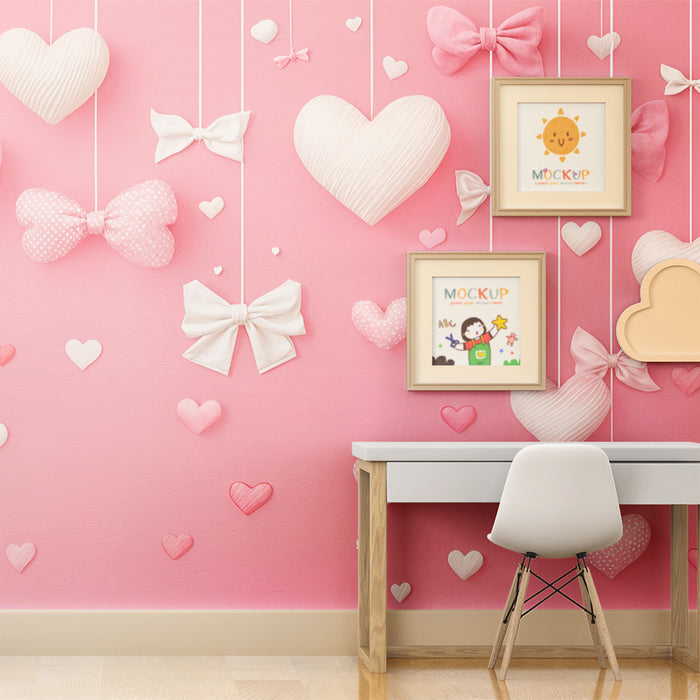 Papier peint cœur et nœud | Romance en Rose et Blanc