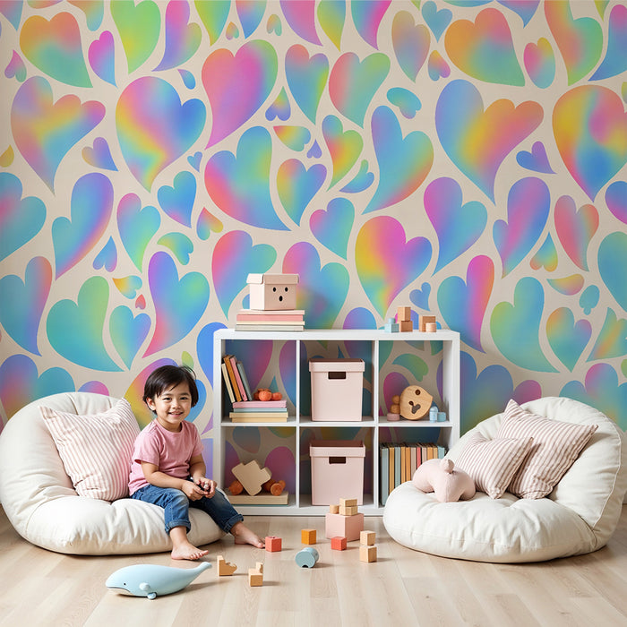 Tapet barnerom | Pastell regnbuehjerter