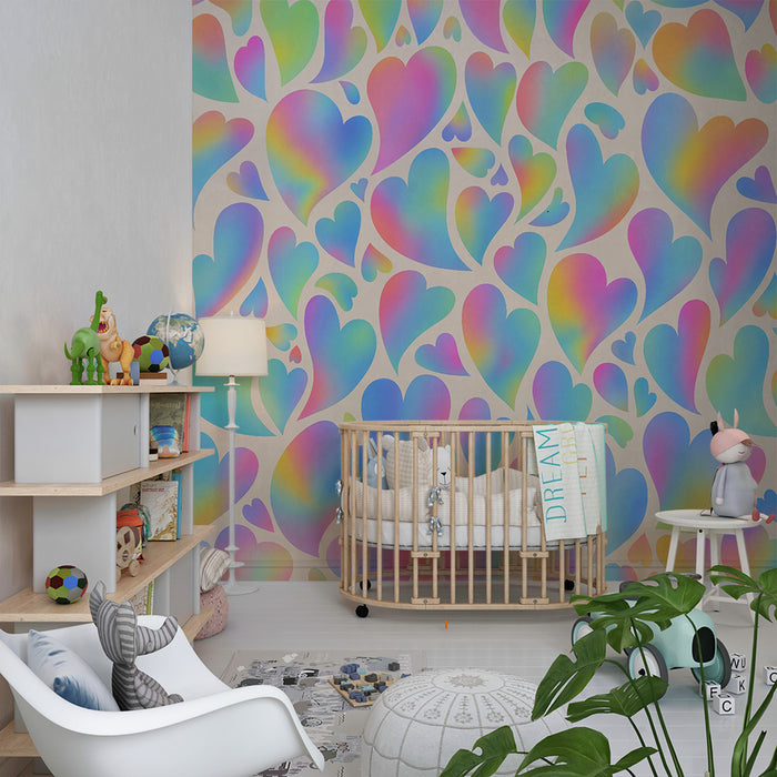 Tapet barnerom | Pastell regnbuehjerter