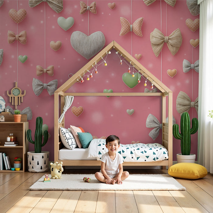 Tapet med knuder og hjerter | Romantisk design på lyserød baggrund