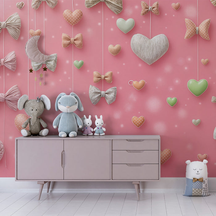 Tapet med knuder og hjerter | Romantisk design på lyserød baggrund