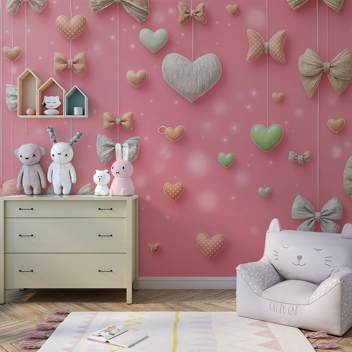 Tapet med knuder og hjerter | Romantisk design på lyserød baggrund