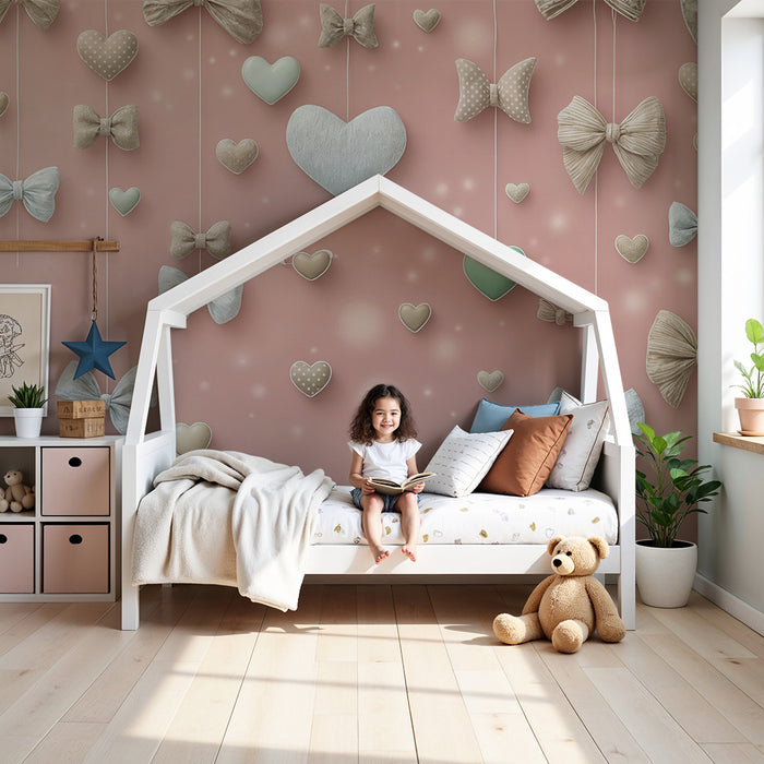 Tapet med bånd og hjerter | Sød og romantisk