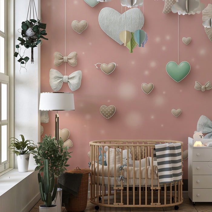 Tapet med bånd og hjerter | Sød og romantisk