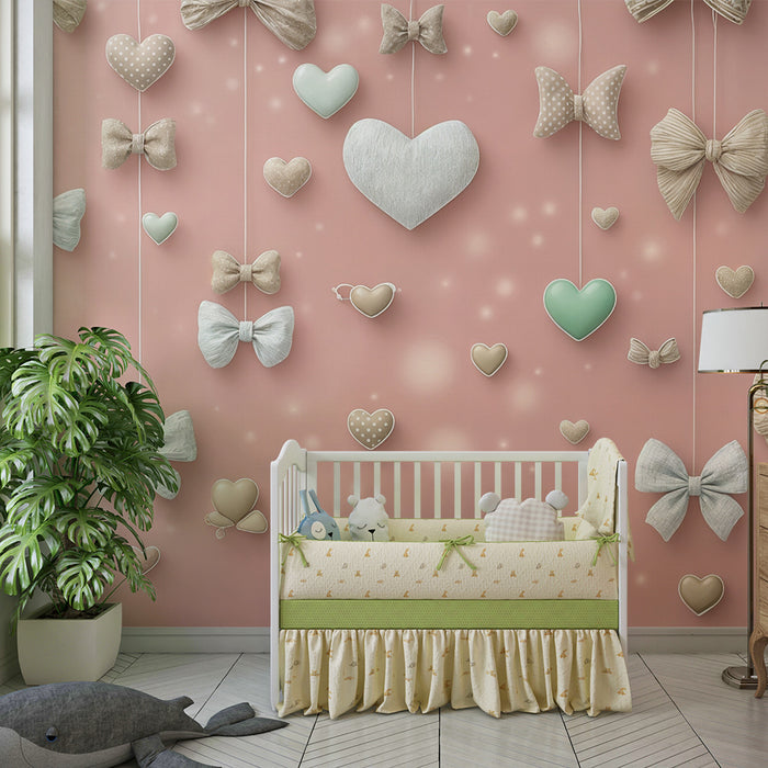 Tapet med bånd og hjerter | Sød og romantisk