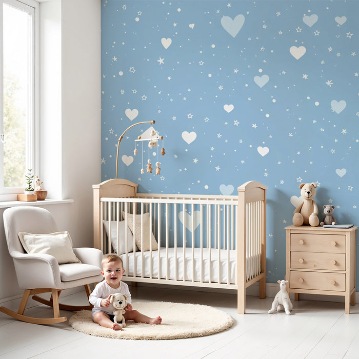 Papier peint cœurs et étoiles | Motif bleu pastel