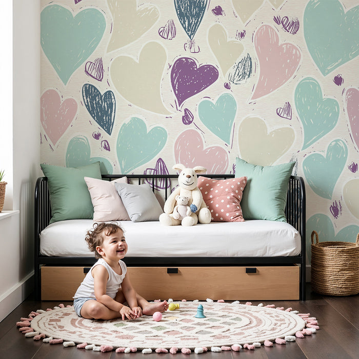 Lastenhuoneen tapetti | Hajasijoitetut pastellisydämet