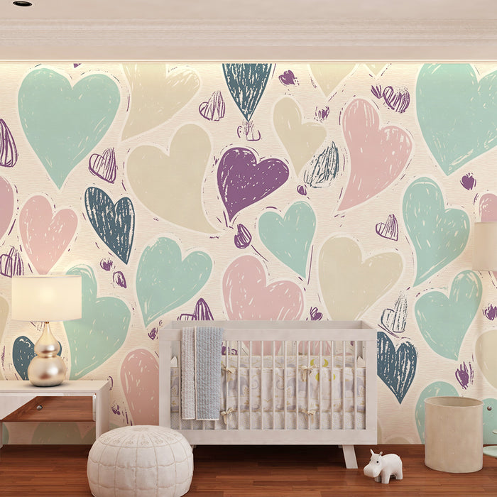 Lastenhuoneen tapetti | Hajasijoitetut pastellisydämet