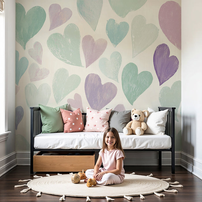 Barntapet | Pastellfärgade akvarellhjärtan