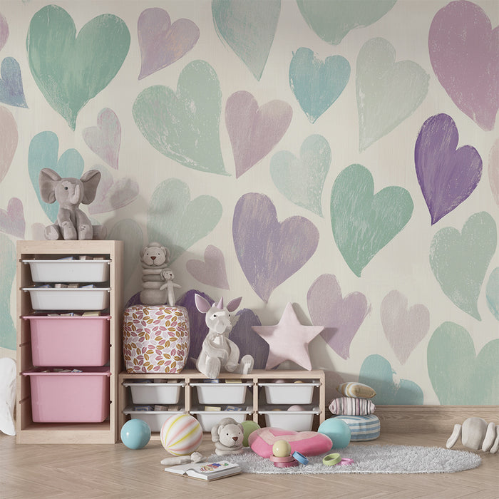 Barntapet | Pastellfärgade akvarellhjärtan