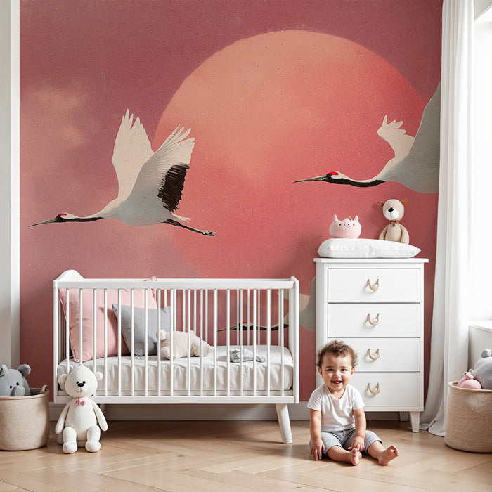 Papier peint Grues | Ciel Rose et Oiseaux Gracieux