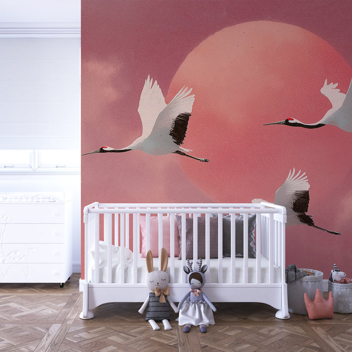 Papier peint Grues | Ciel Rose et Oiseaux Gracieux