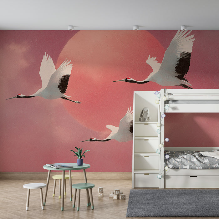 Papier peint Grues | Ciel Rose et Oiseaux Gracieux