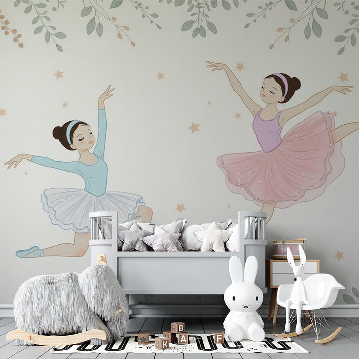 Lastenhuoneen tapetti | Tanssivat tähdet ja lehdet