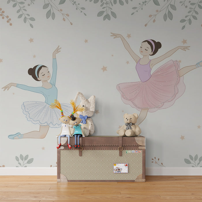 Lastenhuoneen tapetti | Tanssivat tähdet ja lehdet