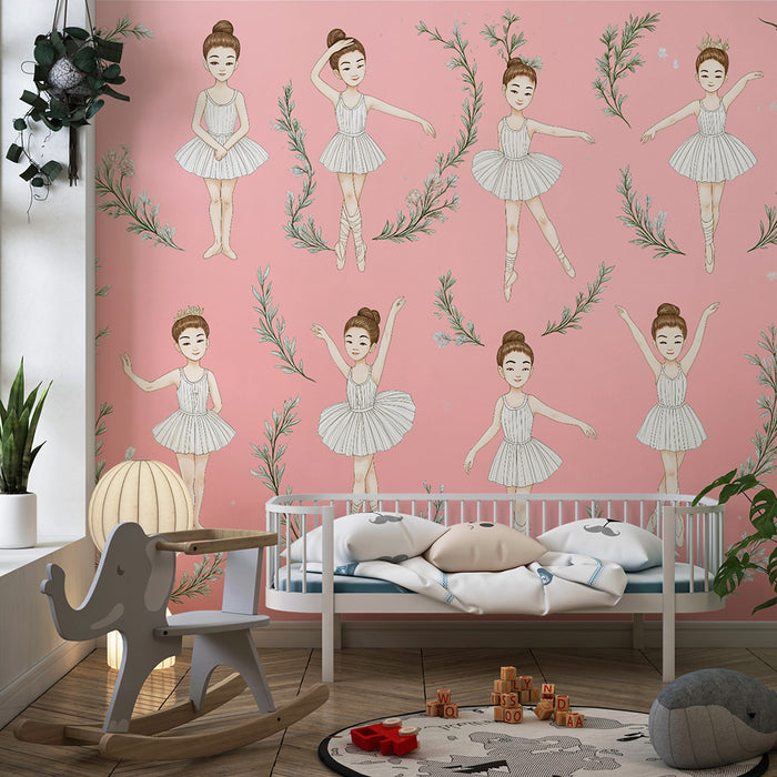Lastenhuoneen tapetti | Tanssijat ja vaaleanpunainen lehtikuvio