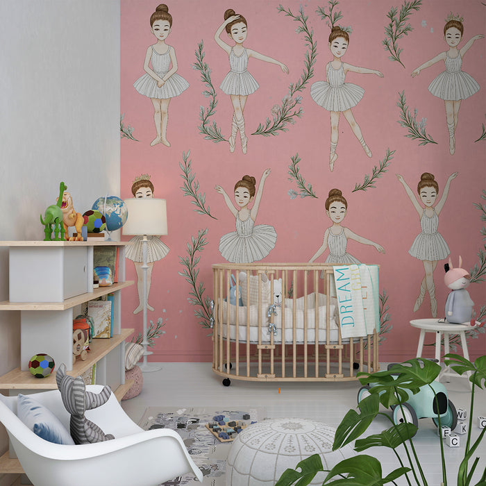 Lastenhuoneen tapetti | Tanssijat ja vaaleanpunainen lehtikuvio