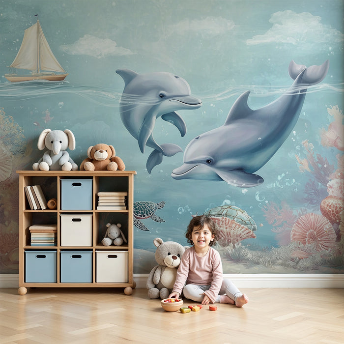 Carta da parati bambini | Delfini e barriera corallina blu e rosa