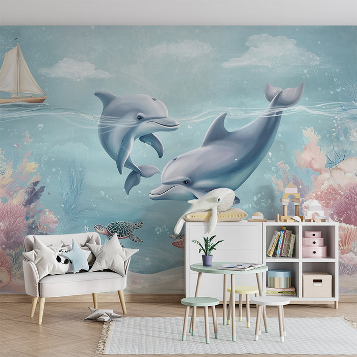 Carta da parati bambini | Delfini e barriera corallina blu e rosa