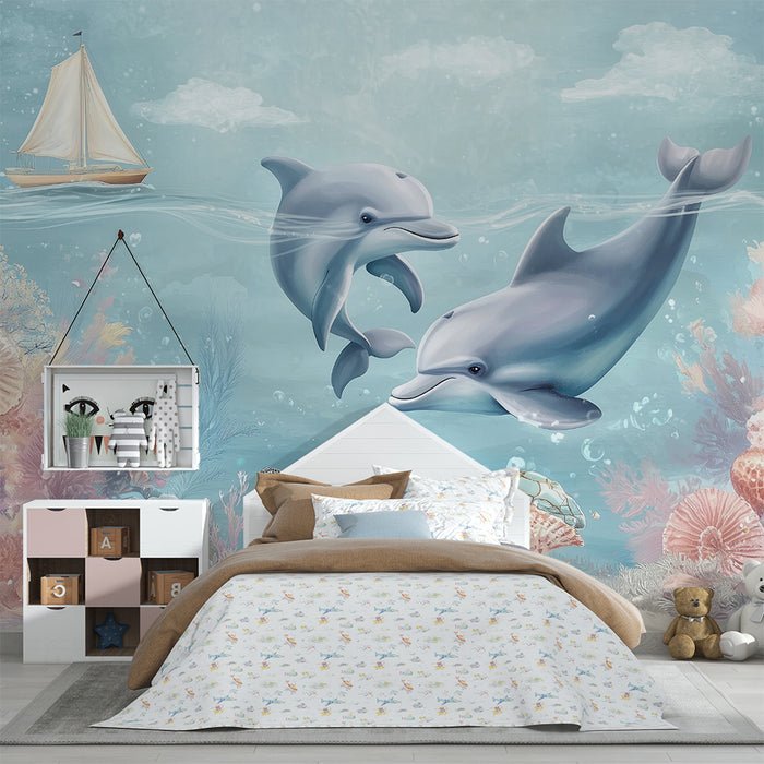 Carta da parati bambini | Delfini e barriera corallina blu e rosa