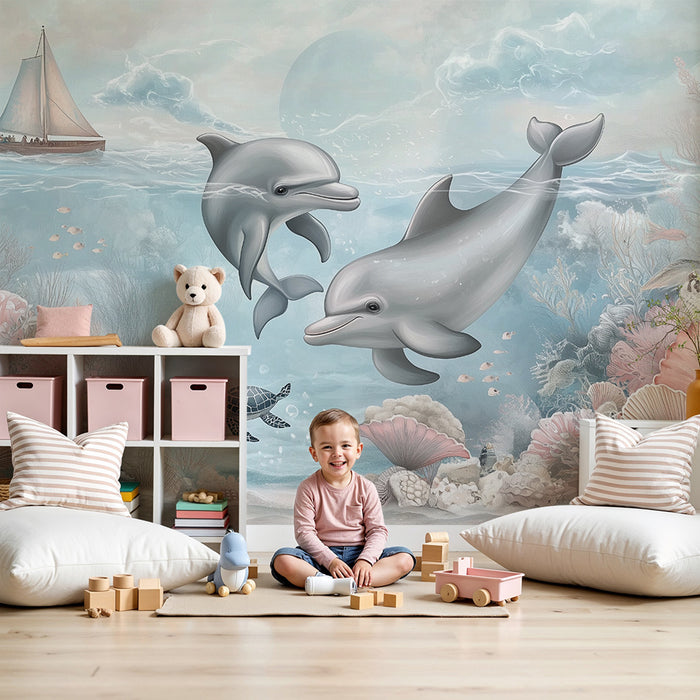 Papier peint chambre enfant | Dauphins et coraux marins