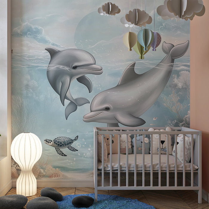 Papier peint chambre enfant | Dauphins et coraux marins