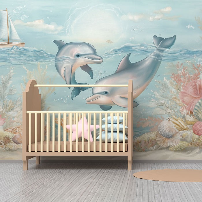 Detská izba tapéta | Veselé delfíny a farebné korály