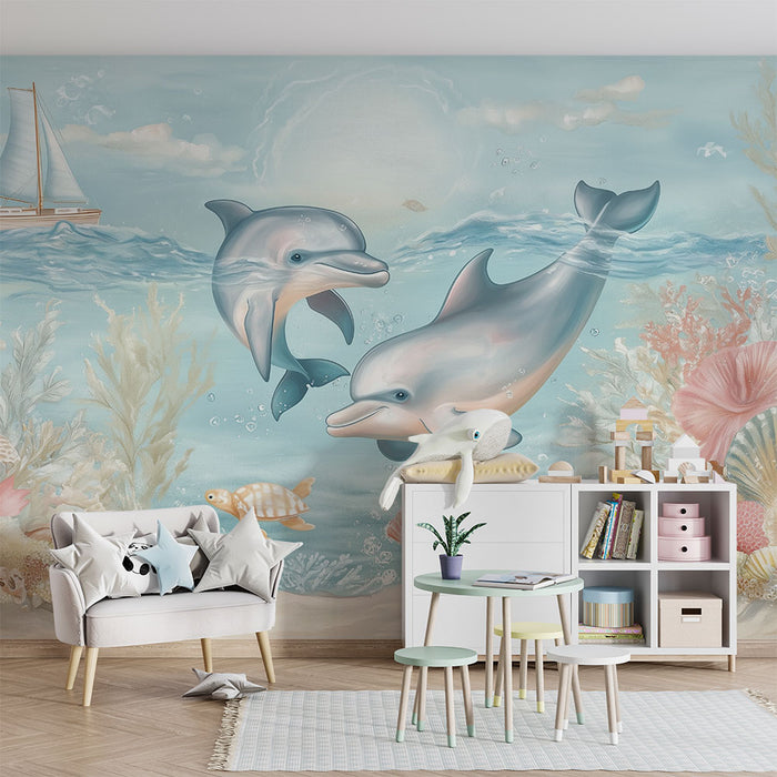 Detská izba tapéta | Veselé delfíny a farebné korály