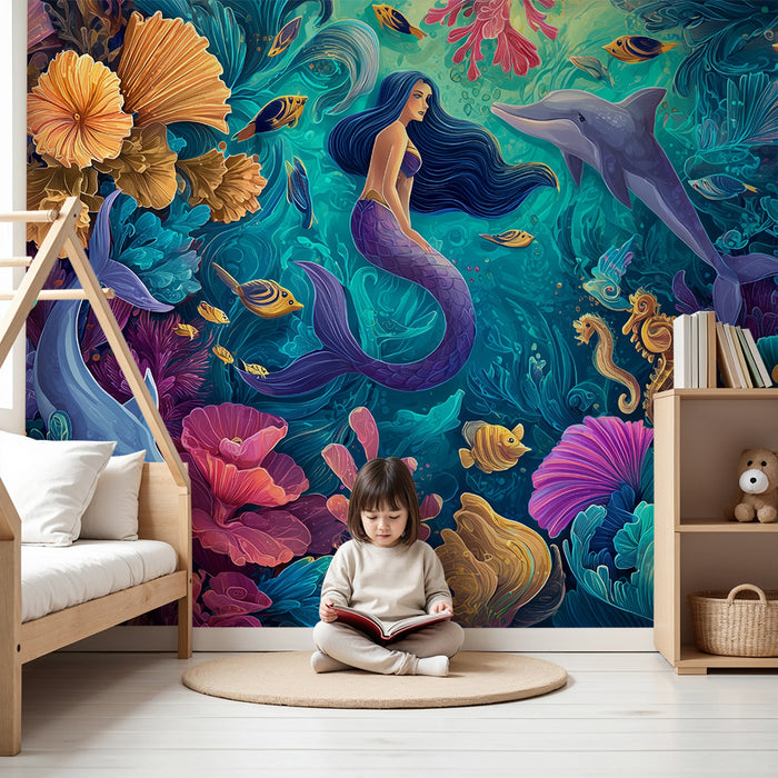 Carta da parati bambini | Sirena e magico reef corallino