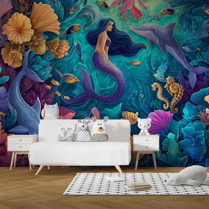 Carta da parati bambini | Sirena e magico reef corallino