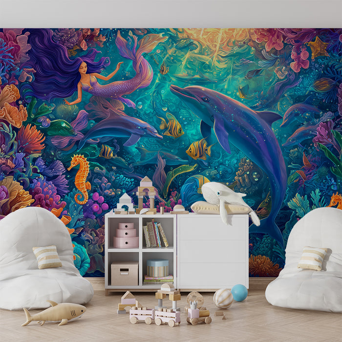 Carta da parati bambini | Sirena incantata e barriera corallina