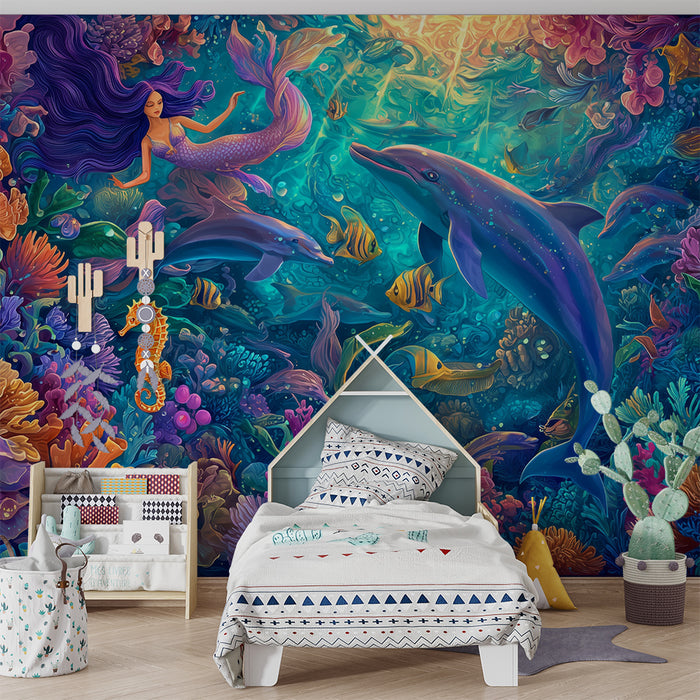 Carta da parati bambini | Sirena incantata e barriera corallina