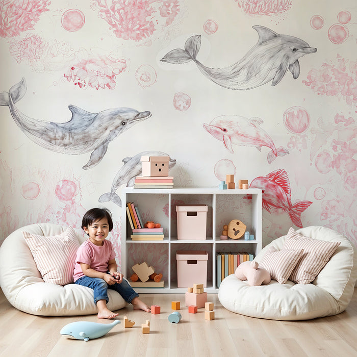 Carta da parati bambini | Delfini e corallo rosa