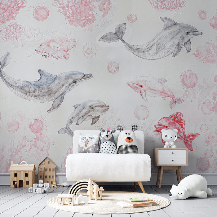Carta da parati bambini | Delfini e corallo rosa