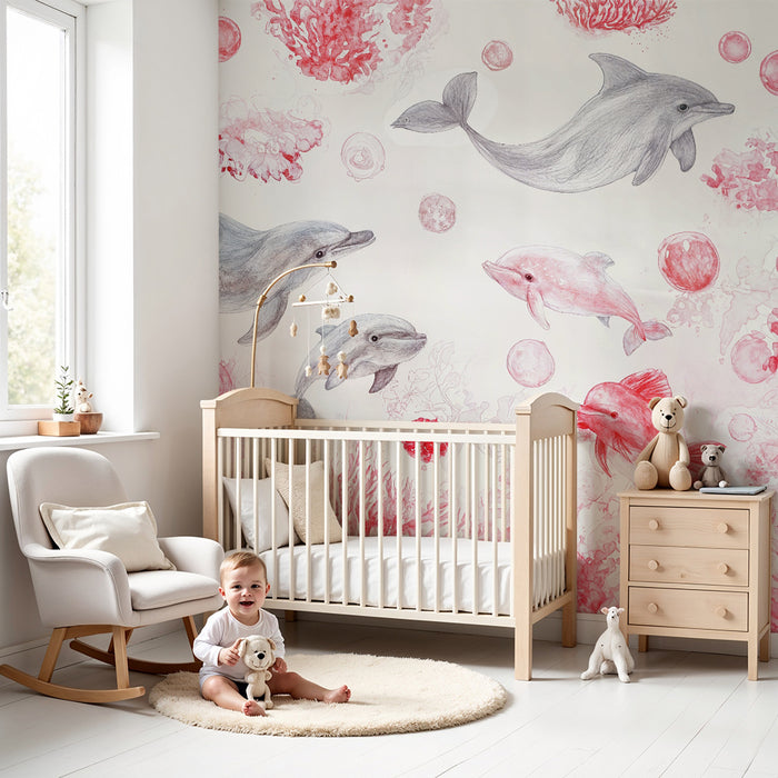 Carta da parati bambini | Delfini e coralli rossi