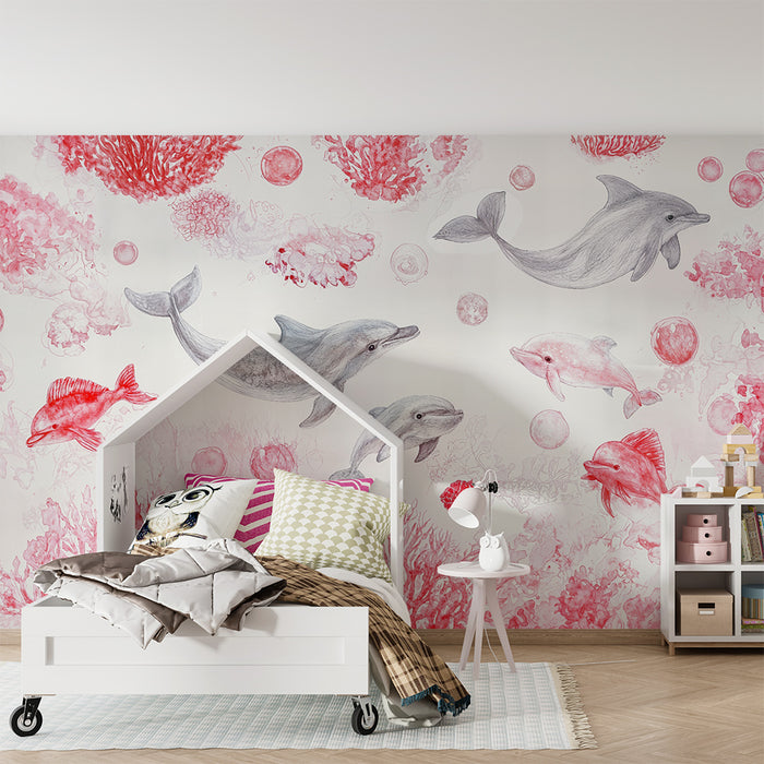 Carta da parati bambini | Delfini e coralli rossi