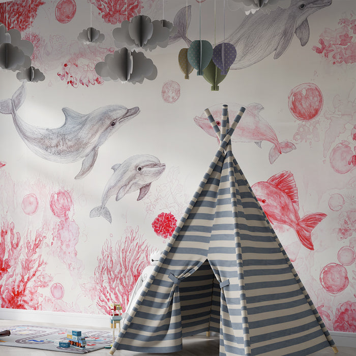 Carta da parati bambini | Delfini e coralli rossi
